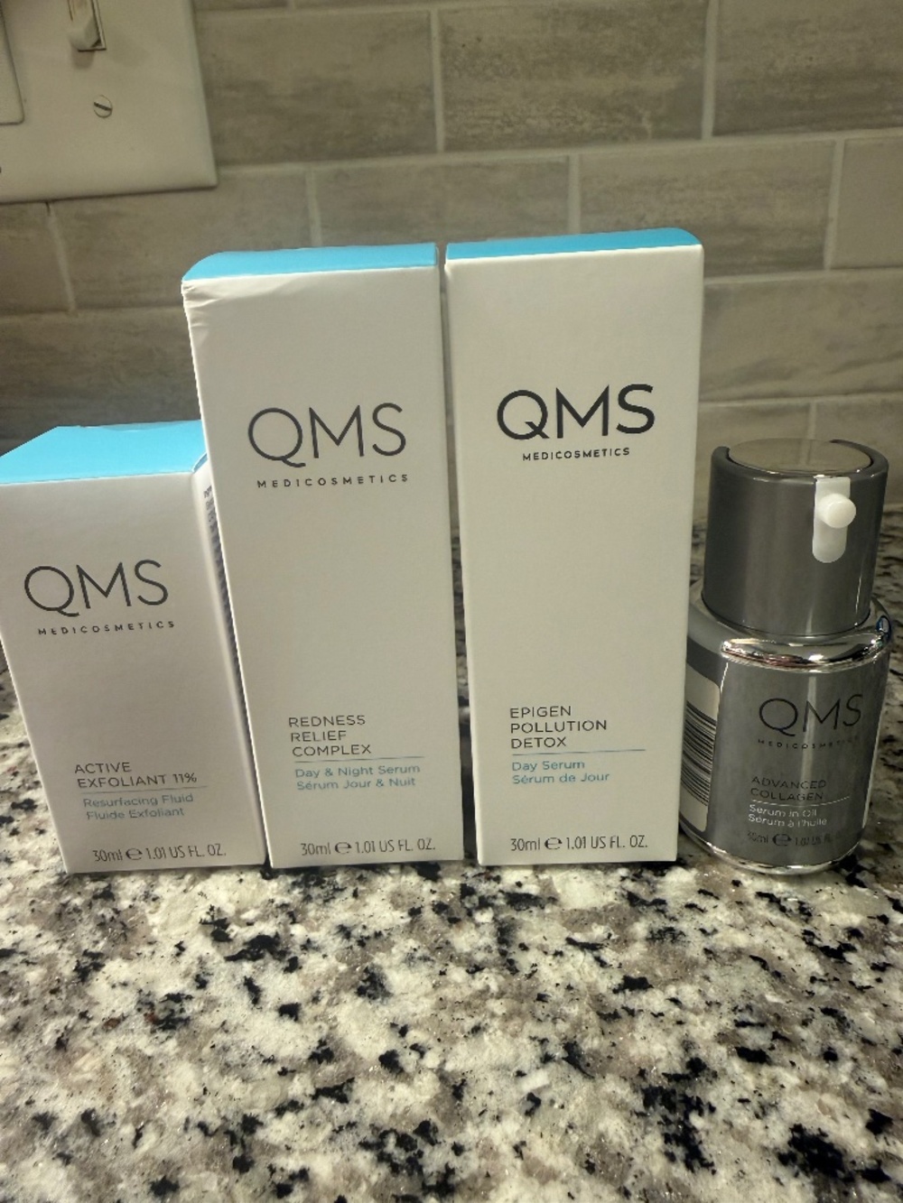 QMS bundle- Collagen, Exfoliant, Redness Relief, and Det